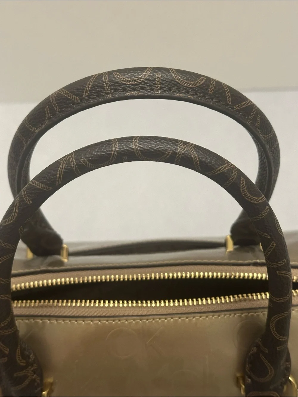 Calvin Klein Metallic Gold and Brown Dome Satchel with Removable Pouch